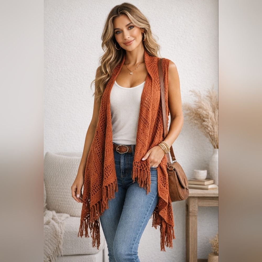 Women's Burnt Orange Open Knit Fringe Shawl Vest Boho Festival Layer OS Western